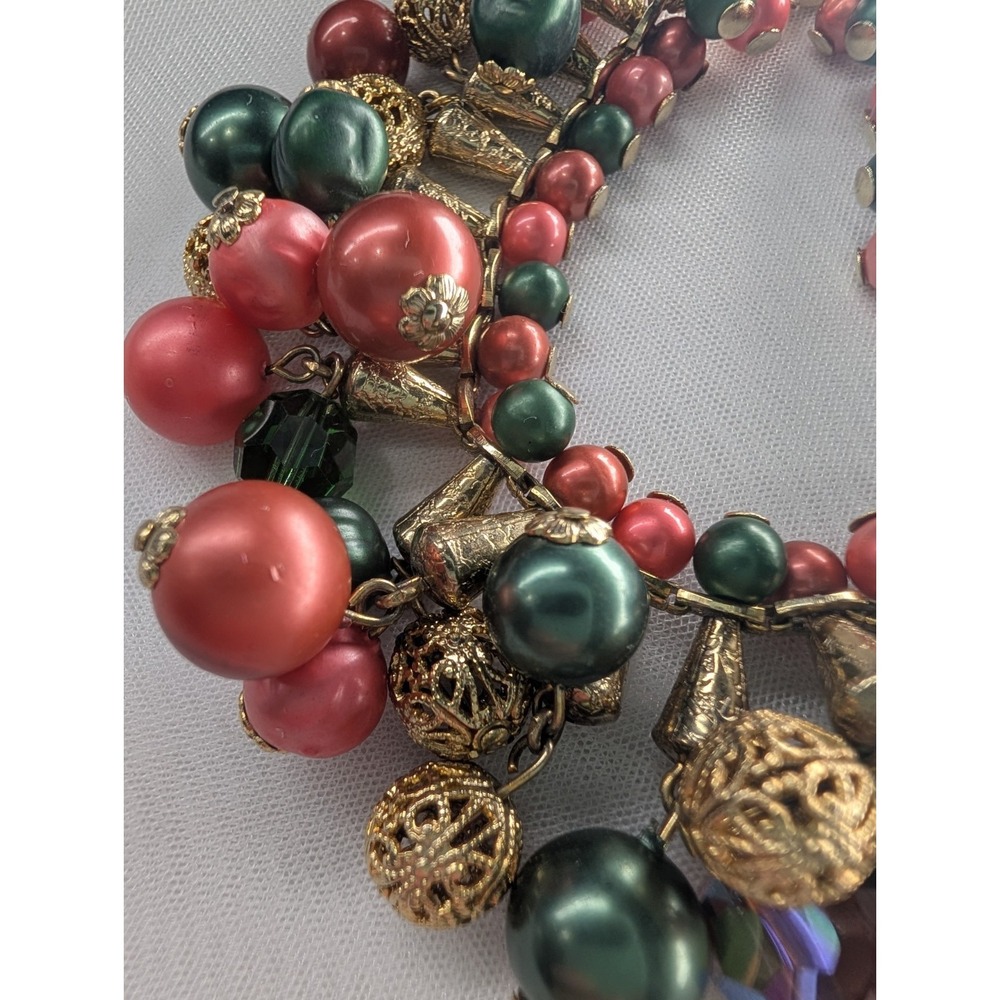 Mid-Century Pink Green Pearl Bead Tassel Collar Bracelet, Gold Tone Filigree - Picture 5 of 7